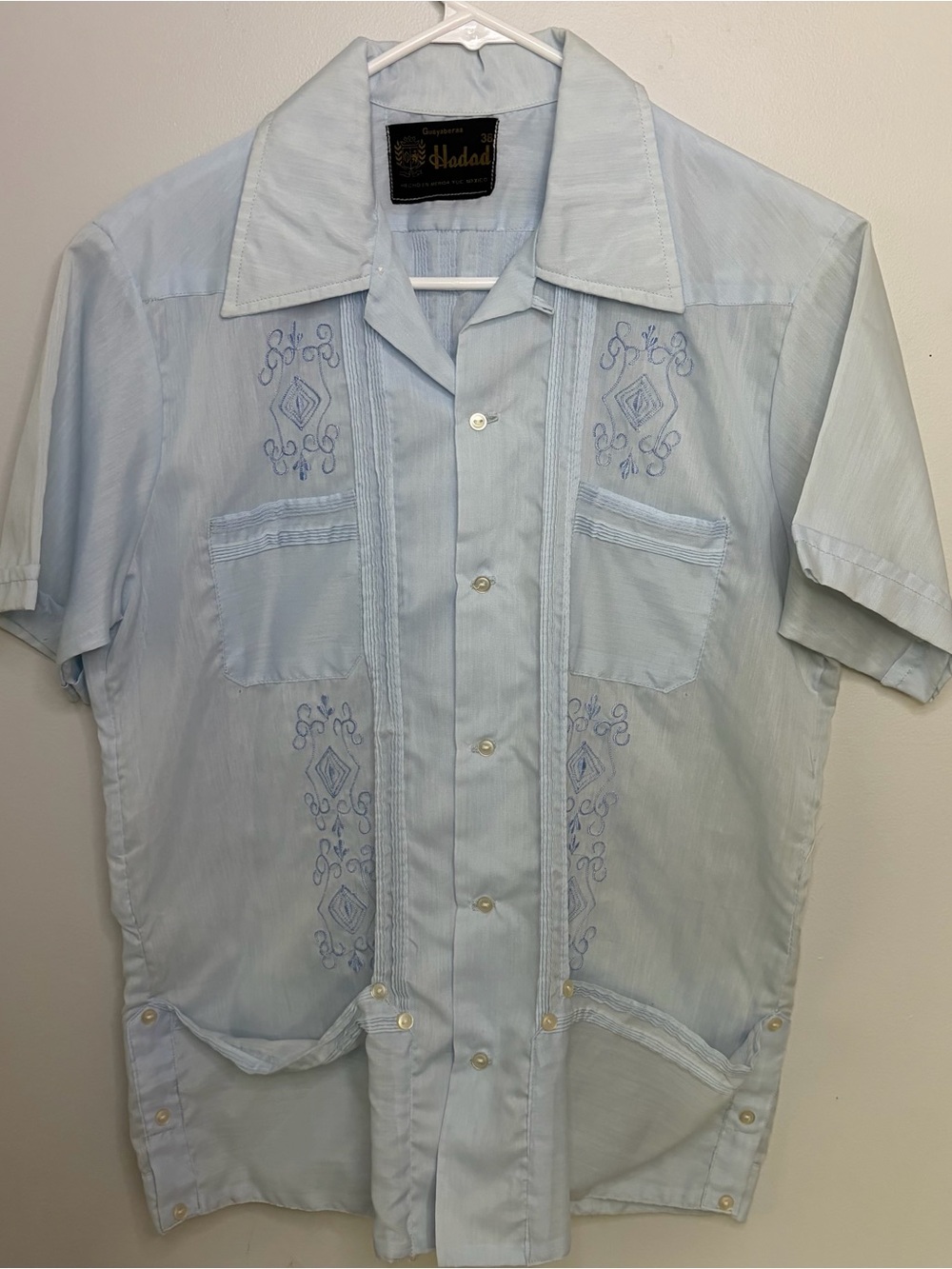 Hadad Light Blue Embroidered Cuban-Style Button Down Shirt Front Pockets